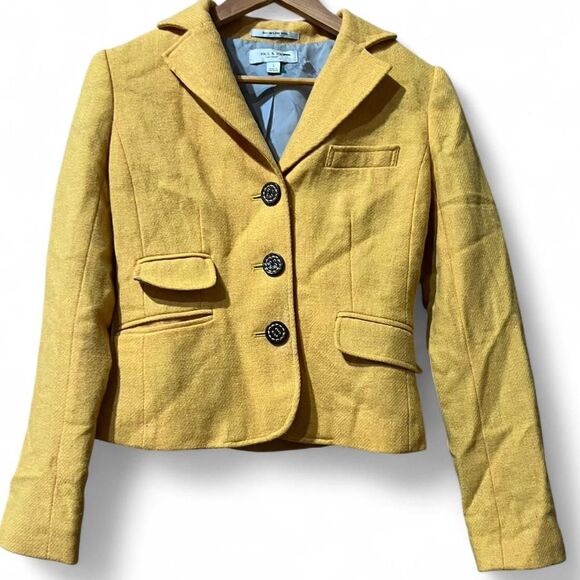 100% Shetland Wool Yellow Blazer W/ Statement Buttons Asymmetrical Pockets - Picture 1 of 8